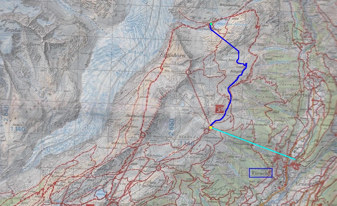Croquis del recorrido entre Märjelen y Fiesch. Punto Verde: Refugio Gletscherstube. Punto Amarillo: Fiescheralp. Linea Azul Clara: teleférico.